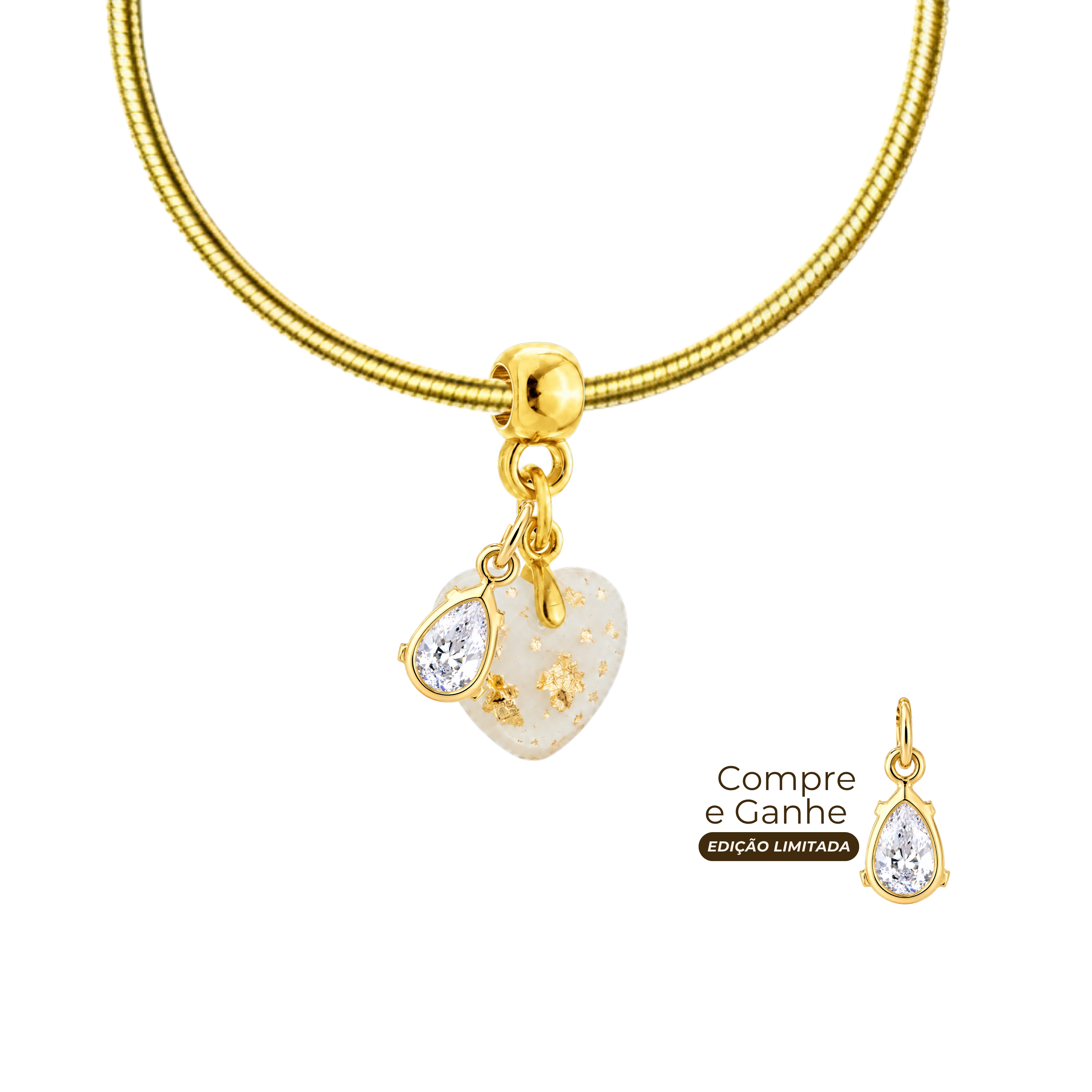 Mini Coração Gordinho com Folhas de Ouro, Pulseira e Gota de Zircônia
